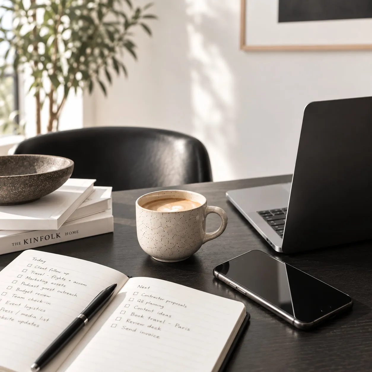 A desk with a flat white, a phone, a laptop and an open notebook of handwritten to-do lists.